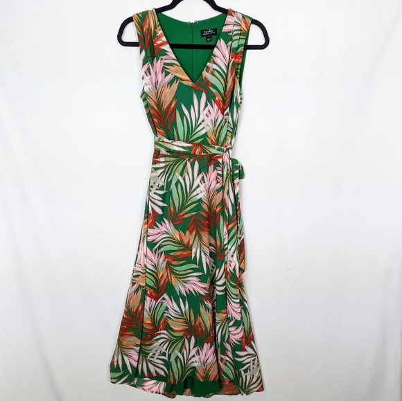 Tahari ASL sz.2 Multicolor Floral Tropical Leaf Print Maxi Dress V Neck Belted - Picture 1 of 9